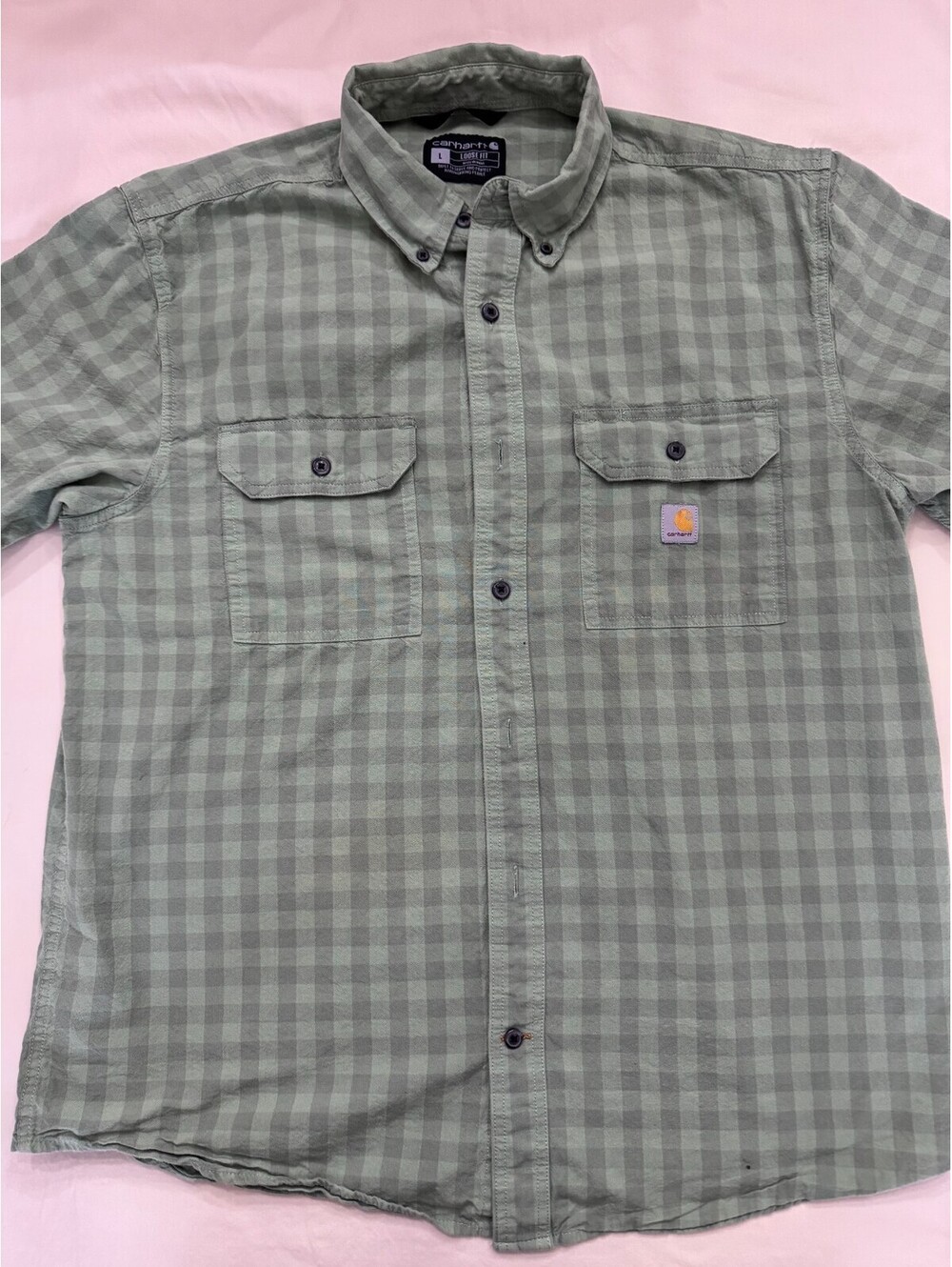 Carhartt Men's Shirt Large Green Checkered Short Sleeve Loose Fit